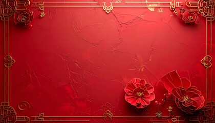 Red background for Lunar New Year. Chinese New Year decoration. Gold floral pattern. Traditional border design. Elegant red flowers. Vector illustration for holiday greeting card. Festive