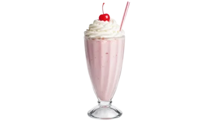 Fotobehang Milkshake Isolated pink milkshake with whipped cream and cherry, a sweet beverage with a straw, drink  © Aoife