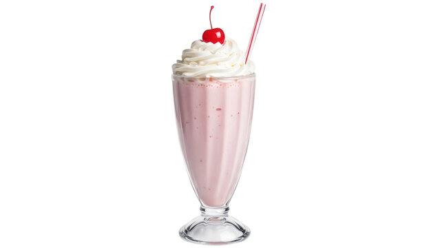 Isolated pink milkshake with whipped cream and cherry, a sweet beverage with a straw, drink