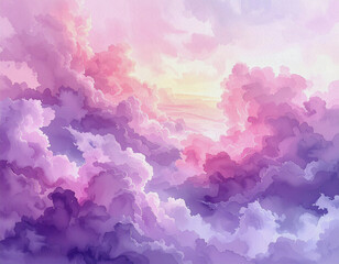 Vibrant watercolor painting of voluminous lavender and magenta clouds illuminated by bright celestial light
