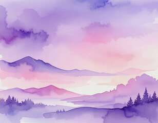 Abstract watercolor landscape painting depicting misty purple mountains forests and a soft pink sky at dawn