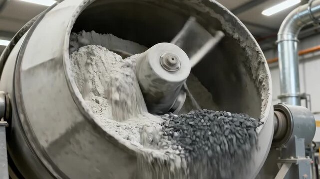 Closeup of ecofriendly cement alternatives being mixed showcasing sustainable binders like fly ash and slag in an industrial setting.