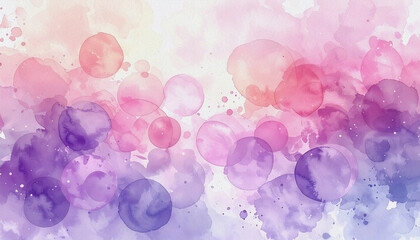 Abstract watercolor painting featuring overlapping circles and splatters in a gradient blend of pink purple and magenta