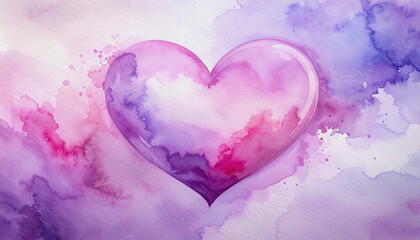 Glossy pink and purple heart rendered in a dreamy abstract watercolor style on textured paper