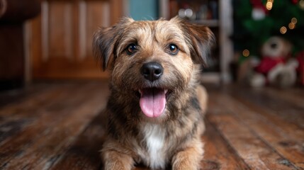A cute dog lying on a wooden floor, showcasing its playful spirit and friendly demeanor, creating a warm and inviting atmosphere in a cozy home setting.