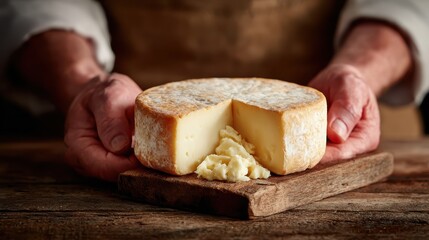 A rustic wooden board showcases a perfectly crafted round cheese with a slice removed, embodying artisanal quality and the richness of traditional cheese-making methods.