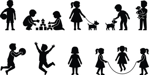 Children silhouette set depicting playtime activities with toys, pets, ball games, jumping rope, and outdoor childhood moments isolated