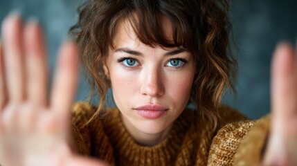 A captivating woman with stylish hair and striking eyes reaches out with her hands, creating an intimate connection with the viewer, inviting emotion and engagement.