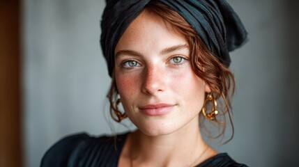 An elegant woman wears a stylish headscarf and earrings, exuding confidence and grace, captured in a close-up that emphasizes her natural beauty and serene expression.