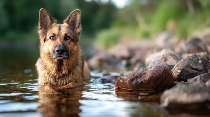 A playful German shepherd dog enjoying the water while surrounded by natural rocks, capturing the spirit of adventure and the bond between pets and nature.