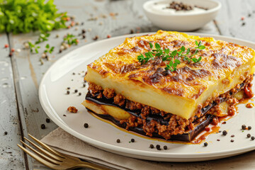 Greek Moussaka with Eggplant, Potato, Ground Meat and Bechamel Sauce on Wooden Table