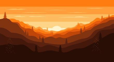 Naklejka premium A vibrant vector illustration captures the serene beauty of a layered mountain range at sunset, with warm orange and brown hues creating a tranquil, expansive natural vista.