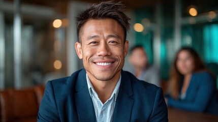 A confident man in a smart blazer beams a friendly smile, set against a blurred office background, reflecting positivity and professionalism in a corporate setting.