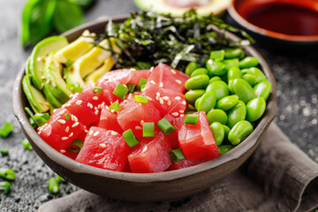 Poke Bowl with Diced Watermelon Replacing Tuna Cubes Surrounded by Edamame, Seaweed Salad and Avocado Slices