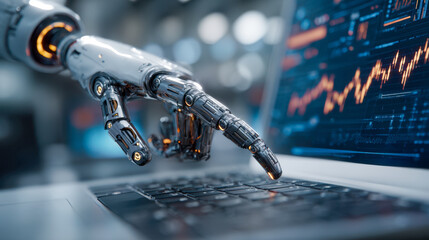 Robot hand interacting with laptop keyboard displaying financial data and stock market charts in a futuristic technology concept image