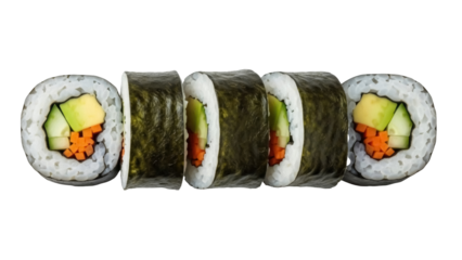 Isolated vegetable sushi rolls, a healthy Japanese food concept with healthy ingredients