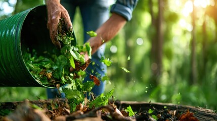 Naklejka premium A dedicated gardener pouring fresh green leaves into a compost pile, symbolizing the importance of sustainable gardening practices and the cycle of nature in nurturing growth.