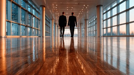 This image captures two businessmen walking side by side in a sleek, modern corporate hallway, emphasizing professionalism and business dynamics.