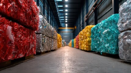 This image showcases a vibrant display of neatly stacked plastic bales in a warehouse, highlighting the importance of recycling and waste management for a better environment.