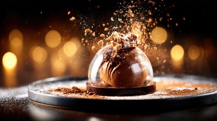 This artistic dessert image features a beautifully constructed chocolate dish, demonstrated by a striking explosion of texture and flavor that exemplifies gourmet cuisine.