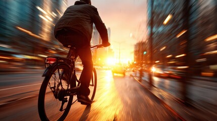 An energetic image of a cyclist captured in motion, riding towards a breathtaking sunset, showcasing the beauty of urban life and the bliss of freedom in a vibrant atmosphere.