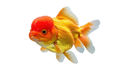 Isolated Goldfish or Lionhead Carassius auratus swims upward, colorful, no shadows