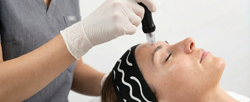 Professional beautician performing a microneedling facial treatment on a woman's forehead at an aesthetic clinic