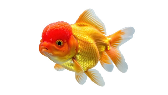 Isolated Goldfish or Lionhead Carassius auratus swims upward, colorful, no shadows