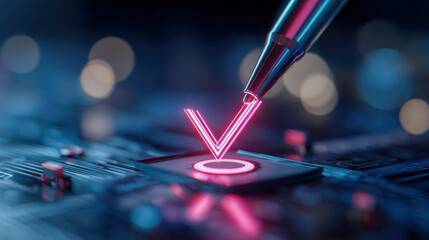 Futuristic technology concept showing glowing neon check mark being drawn by metallic pen tip on microchip with blurred blue circuit board background