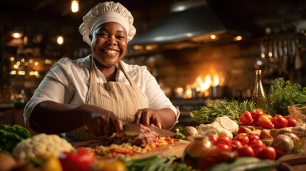 A happy chef skillfully chopping fresh vegetables and herbs in a cozy kitchen, showcasing culinary passion and the love for cooking with vibrant ingredients and colors.
