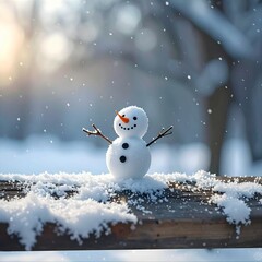 Ein kleiner fr&ouml;hlicher Schneemann auf der Br&uuml;stung .Vor dem verschwommenen Hintergrund eines Waldes.