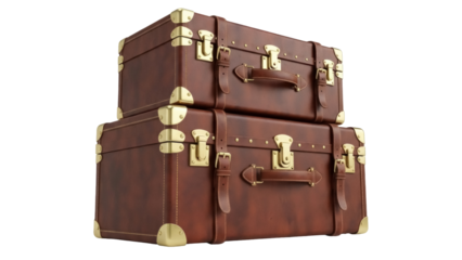 Isolated vintage leather luggage stack, antique travel suitcases, brown suitcases stacked