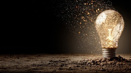 Gold Lightbulb Dissolving into Particles on Dark Background Idea Concept