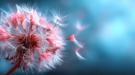 A close-up of a whimsical dandelion puff drifting against a dreamy soft blue backdrop, capturing the beauty of nature and the fleeting moments of life.