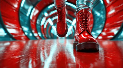 A pair of striking red boots strides confidently along a radiant, futuristic tunnel, echoing vibrant colors and evoking a sense of movement and energy.