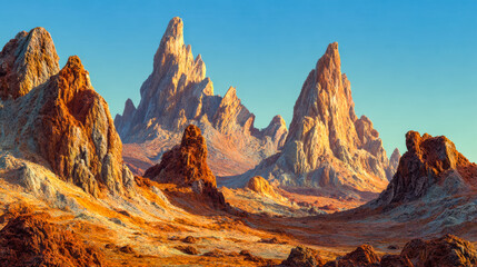 Naklejka premium Spectacular Red Rock Mountain Landscape with Towering Peaks under Clear Blue Sky