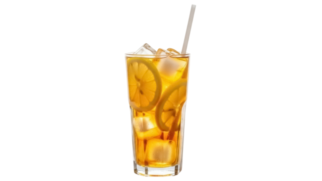 Isolated glass of iced tea with lemon slices and straw, thirst-quenching summer refreshment - Powered by Adobe