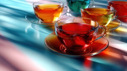 A vibrant arrangement of colorful glass tea cups filled with various teas, beautifully presented on a reflective surface, showcasing artistry in beverage presentation.