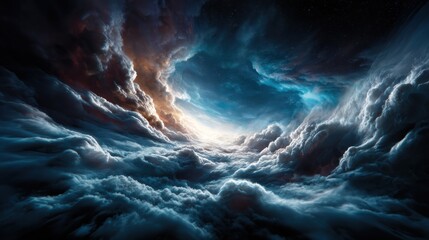 Naklejka premium An awe-inspiring view of swirling clouds in deep blue and orange hues evokes a sense of wonder and exploration, inviting viewers into a celestial and abstract dreamscape.