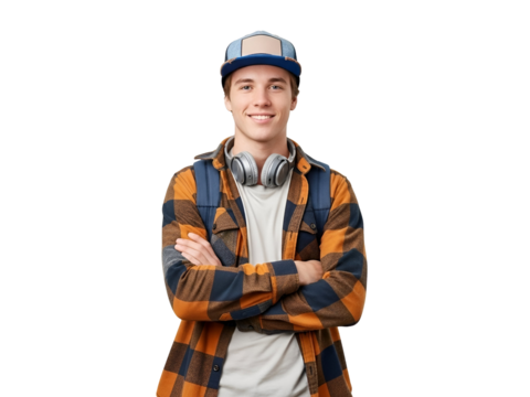 Smiling young male student in casual plaid shirt, blue cap, and headphones, with arms crossed, portraying youth and confidence, isolated on transparent background. - Powered by Adobe