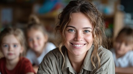 Fototapeta premium A joyful young woman smiles warmly at the camera while surrounded by children in a caring environment, embodying the values of education, compassion, and community spirit.