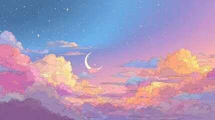 Pastel Sky With Fluffy Clouds Crescent Moon And Twinkling Stars In Pixel Art Style Peaceful Dreamy Ambiance Purple And Pink Hues Serene Nightscape Background