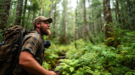 A rugged explorer navigating through a vibrant, lush green forest, embodying adventure and the spirit of exploration amidst the beauty of nature and wild surroundings.