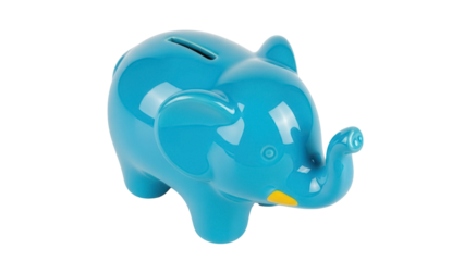 Isolated blue elephant coin bank, cute savings toy, finance investment for children
