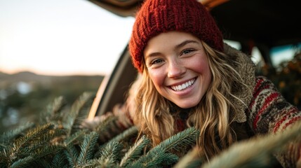 A happy young woman peering out of a vehicle with holiday greenery, capturing the holiday spirit, love for nature, and joy of festive moments with earthy vibes.