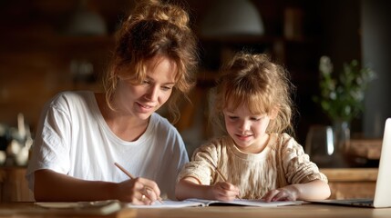 Fototapeta premium A mother and daughter joyfully engage in a creative activity, bonding over their artistic expressions while sharing a warm, loving atmosphere in a cozy home setting.