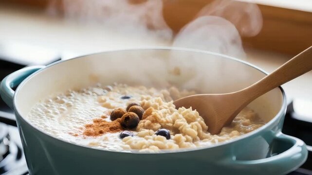 Steaming oatmeal porridge in rustic style, warm neutral tones, homemade breakfast cooking concept