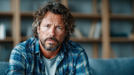Obraz premium A reflective man with curly hair and a serious expression sits on a couch, contemplating life; the backdrop of shelves adds a touch of warmth and intimacy to the scene.