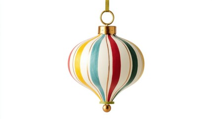 A colorful striped bell shaped Christmas ornament with a golden cap and loop hangs elegantly against a festive backdrop.