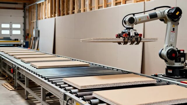Programmed robotic drywall hanger operates on conveyor setup illustrating repeatable highspeed drywall placement optimized for largescale building projects.
